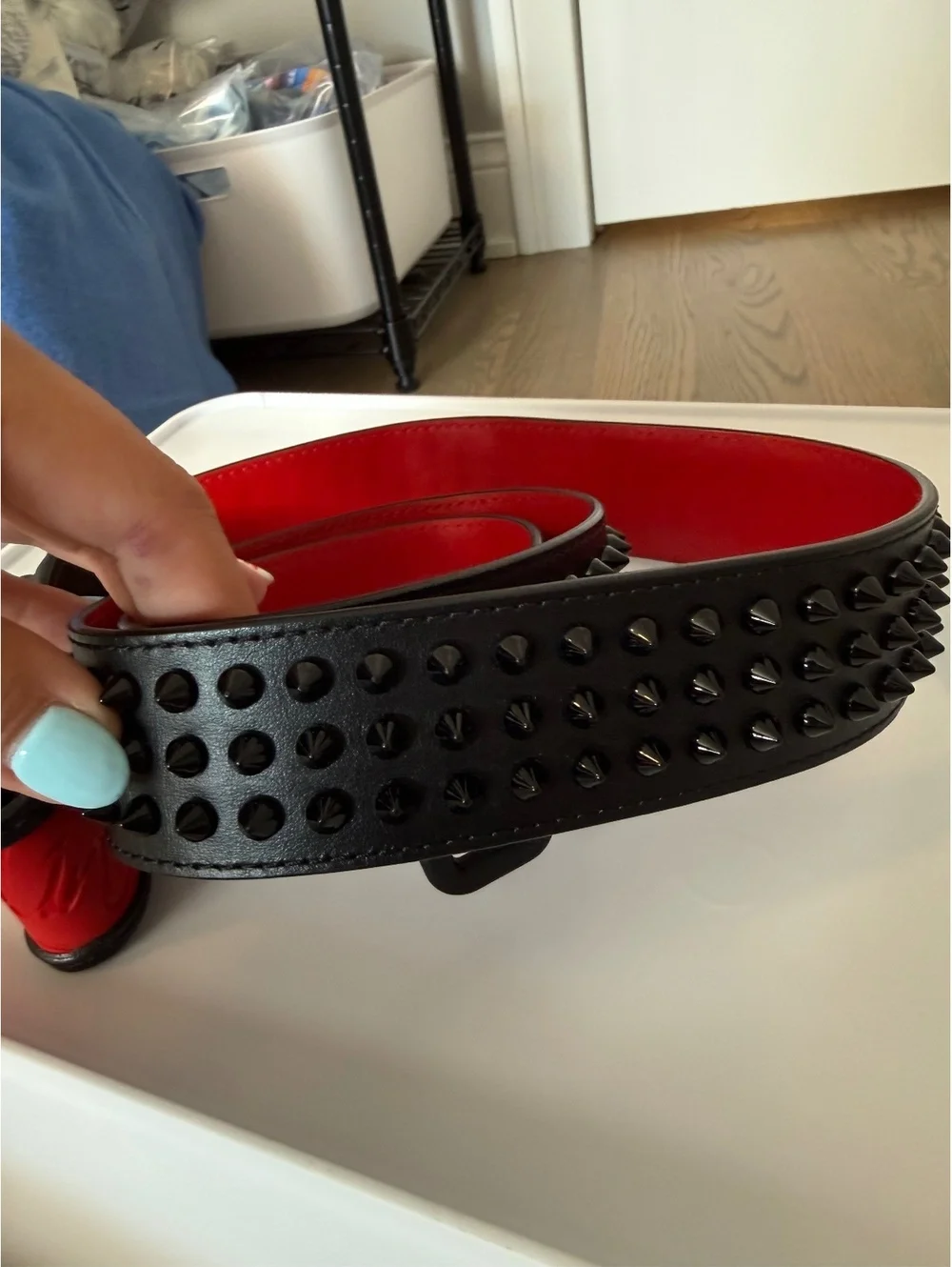 Christian Louboutin 110/44 Men's Black and Red Leather Studded Belt